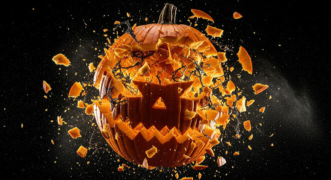 Stunning exploding Halloween pumpkin on black background creates a dynamic, modern, and vibrant visual for spooky season marketing campaigns