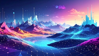A digital landscape featuring colorful mountains, a reflective lake, and futuristic city-like structures, under a vibrant sunset sky