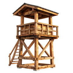 Wooden watchtower with railing, roof, stairs, and cross-bracing. Isolated on black background