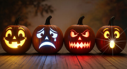Spooky Halloween pumpkins glowing with different emotions, perfect for festive fall promotions and seasonal marketing campaigns this October