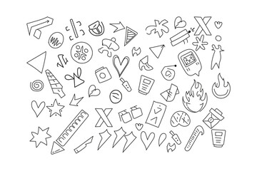 A chaotic and eclectic collection of hand drawn doodle icons and symbols in a sketchy black and white style