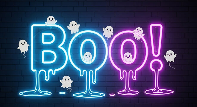 Spooky Halloween fun with glowing neon 'Boo!' sign and playful ghosts against a brick wall, perfect for vibrant and trendy seasonal promotions