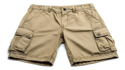 A pair of khaki cargo shorts laid out on a white surface, front view shot