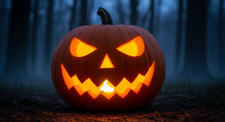 Eerie glowing jack o'lantern grinning in foggy forest, perfect for spooky Halloween promotions and autumnal holiday designs, capturing the holiday spirit