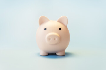 concept of preserving and saving money. Pink piggy bank on a blue background. front view