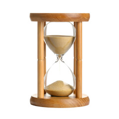 An hourglass, crafted with wooden frame, holds sand that is flowing, measuring time