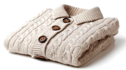 Folded beige cable knit cardigan with brown buttons on a white surface