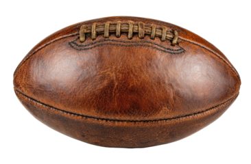 Side view of a vintage, well-worn, oval-shaped football made of stitched brown leather