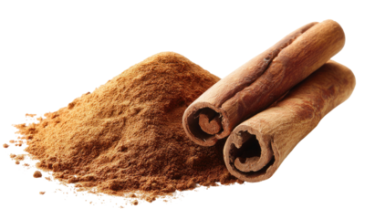 Ground spice with rolled sticks, all brown on a black background, suggesting baking