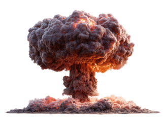 A mushroom-shaped cloud of smoke and fire billows against a black background, illustrating a massive explosion