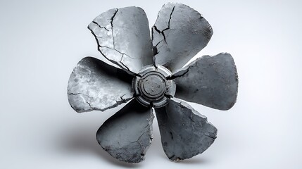 Close up of a broken gray fan with cracks on a white background surface