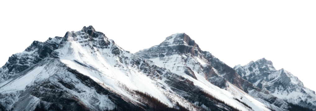 A majestic mountain range, its peaks and slopes coated in glistening white snow against a dark sky