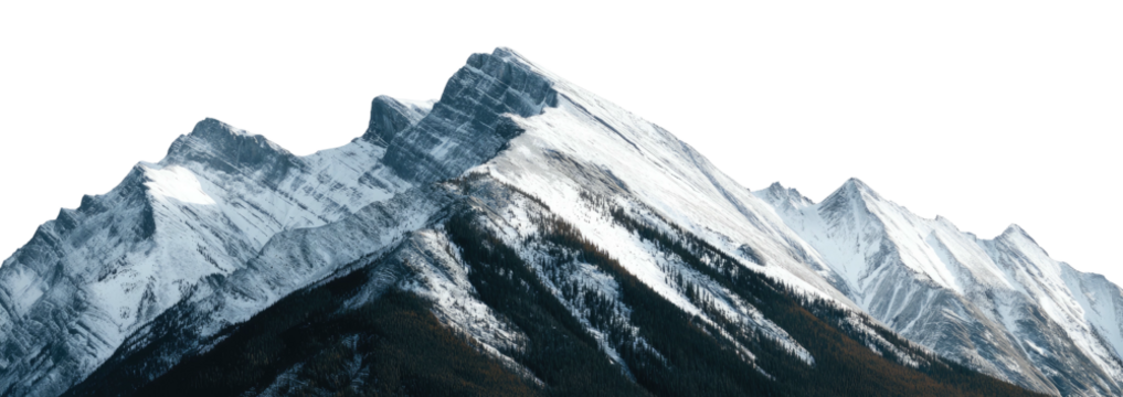 An image of a mountain range, with snowy peaks. The silhouette shows a steep incline with peaks
