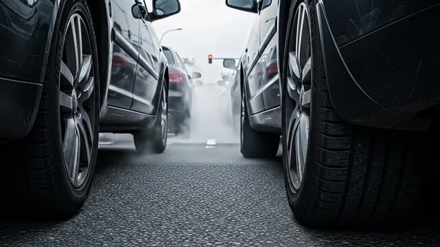 Simple Street Scene A Close-Up View of Cars on a Wet Road - Simple, Clean Photography