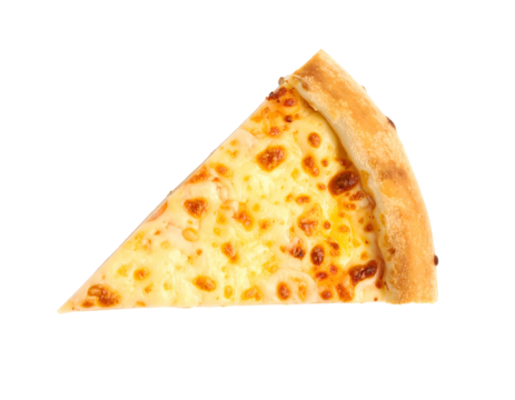 Isolated triangular pizza slice with bubbly melted cheese and a golden crust