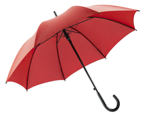 A vibrant open umbrella with a curved handle, set against a deep black background