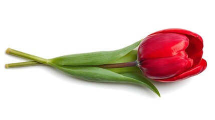 A single red tulip lying horizontally with green leaves on a white surface