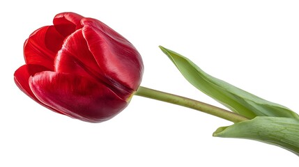 A single red tulip with green stem and leaf isolated on a white background
