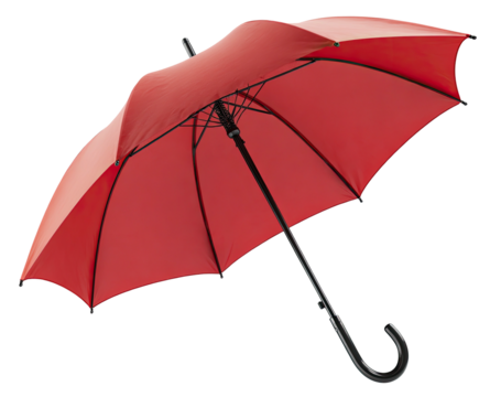 A vibrant open umbrella with a curved handle, set against a deep black background