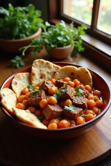Torn flatbread pieces mixed with spicy lamb stew and chickpeas in ceramic bowl. Wooden table with fresh herbs and warm sunlight from window