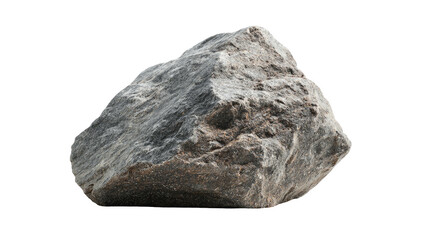 A large, gray rock with rough edges and varied textures, isolated against a black background
