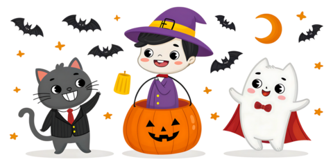 Adorable cartoon Halloween characters celebrate spooky season with bats, stars, and moon in a festive, fun way, perfect for holiday cheer