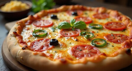 hunger. A close-up of a gourmet pizza highlights melted cheese and fresh toppings at an angle. representing modern convenience.
