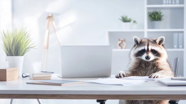 Raccoon Working in Office: An adorable raccoon with intense focus navigates a desk, surrounded by a laptop and greenery, while managing paperwork, capturing a blend of wildlife and modern office life.
