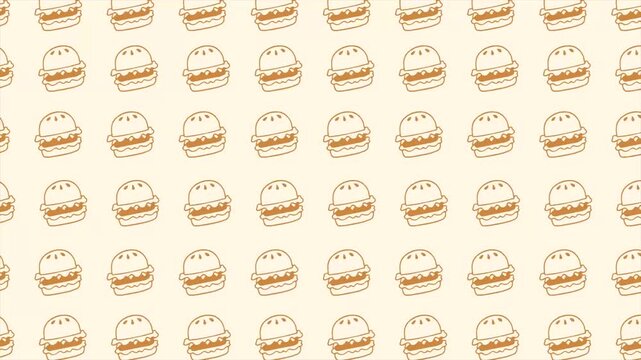 Seamless pattern of cute cartoon hamburgers on a light beige background, perfect for food-related designs and backgrounds.