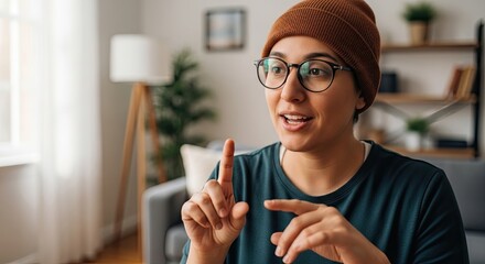 Young Woman Wearing Glasses and a Beanie Talking Animatedly