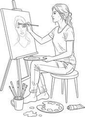 Female artist painting portrait on canvas, creative woman drawing face, art studio scene, artistic process, inspiration, talent, illustration sketch