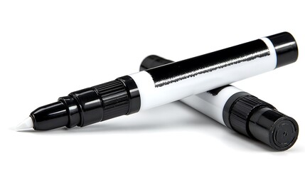 Close up shot of two black and white paint markers on a white background