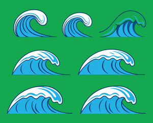 Collection of blue ocean waves with white crests, vector art illustrations ideal for marine design, surf graphics, and beach themes.