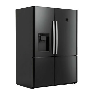 A sleek, black, four-door refrigerator with a water dispenser and metallic handles