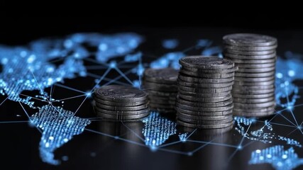 Stacks of coins in front of a blue, networked world map background, symbolizing cryptocurrency and global finance. - Powered by Adobe