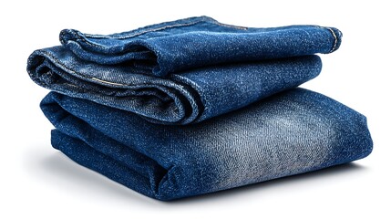 A neatly stacked pile of folded blue denim jeans on a white background
