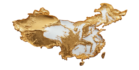 A stylized golden topographic map of a country against a stark black background