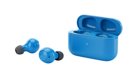 Vibrant blue wireless earbuds displayed alongside their open charging case, highlighting portable audio technology