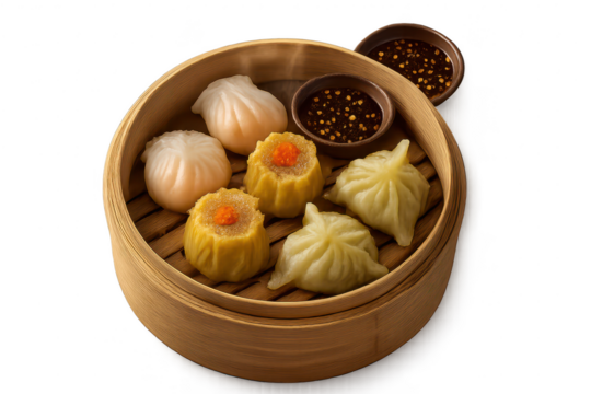 Dim sum dumplings in bamboo steamer, isolated on transparent background.