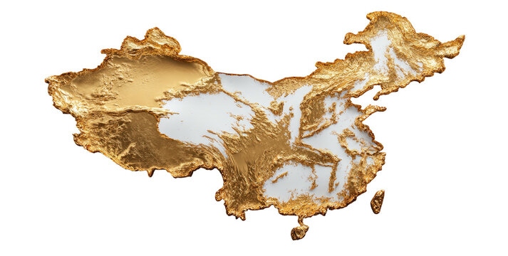 A stylized golden topographic map of a country against a stark black background - Powered by Adobe