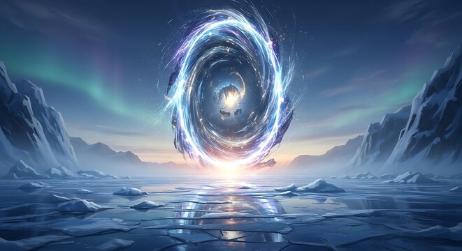 Ethereal Swirling Energy Portal Reflecting on Icy Waters Under Vibrant Aurora Borealis Sky. - Powered by Adobe
