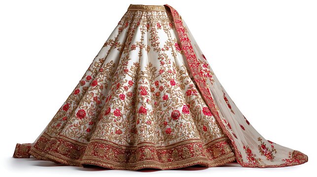 A white lehenga with red floral embroidery and a matching dupatta draped over