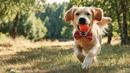 Playful Golden Retriever Dog Running Outdoors with Ball and Bow Tie in Sunny Park
