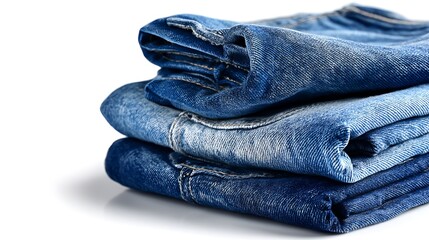 A close up shot of a neatly stacked pile of folded blue denim jeans pants