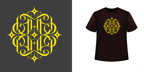 Striking yellow gothic ornate monogram design on a dark grey background, showcased as a stylish print on a black t-shirt.