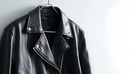 A black leather jacket hanging on a silver metal hanger against a white wall