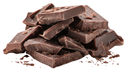 Close-up photo of several irregularly shaped, dark chocolate pieces, piled together