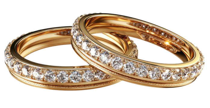 Gold bands encrusted with gems, interlocking, symbolizing commitment and luxury
