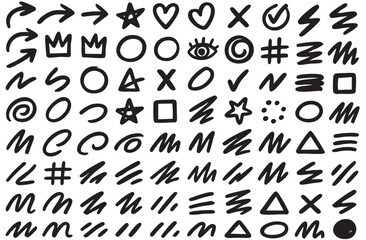 Fototapeta premium Childish crayon drawn scrapbook stickers. Scribble and doodle paper stickers for hand drawn notes, collages and social media design. 