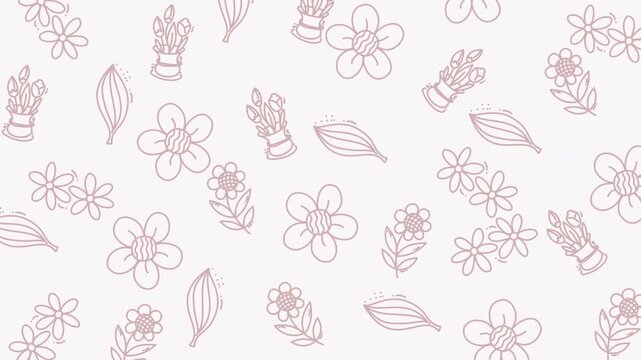 Floral pattern with doodles of flowers, leaves, and potted plants  perfect for creating charming and whimsical designs. Ideal for stationery and textile designs.